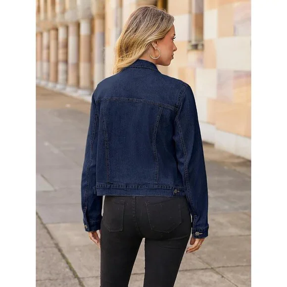 Women's Jean Jacket Long Sleeve Denim Jacket Button Down with Pockets Navy Blue